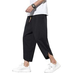 Men's Casual Linen Capri Pants Wide Leg Baggy Cotton Harem Trouser Loose